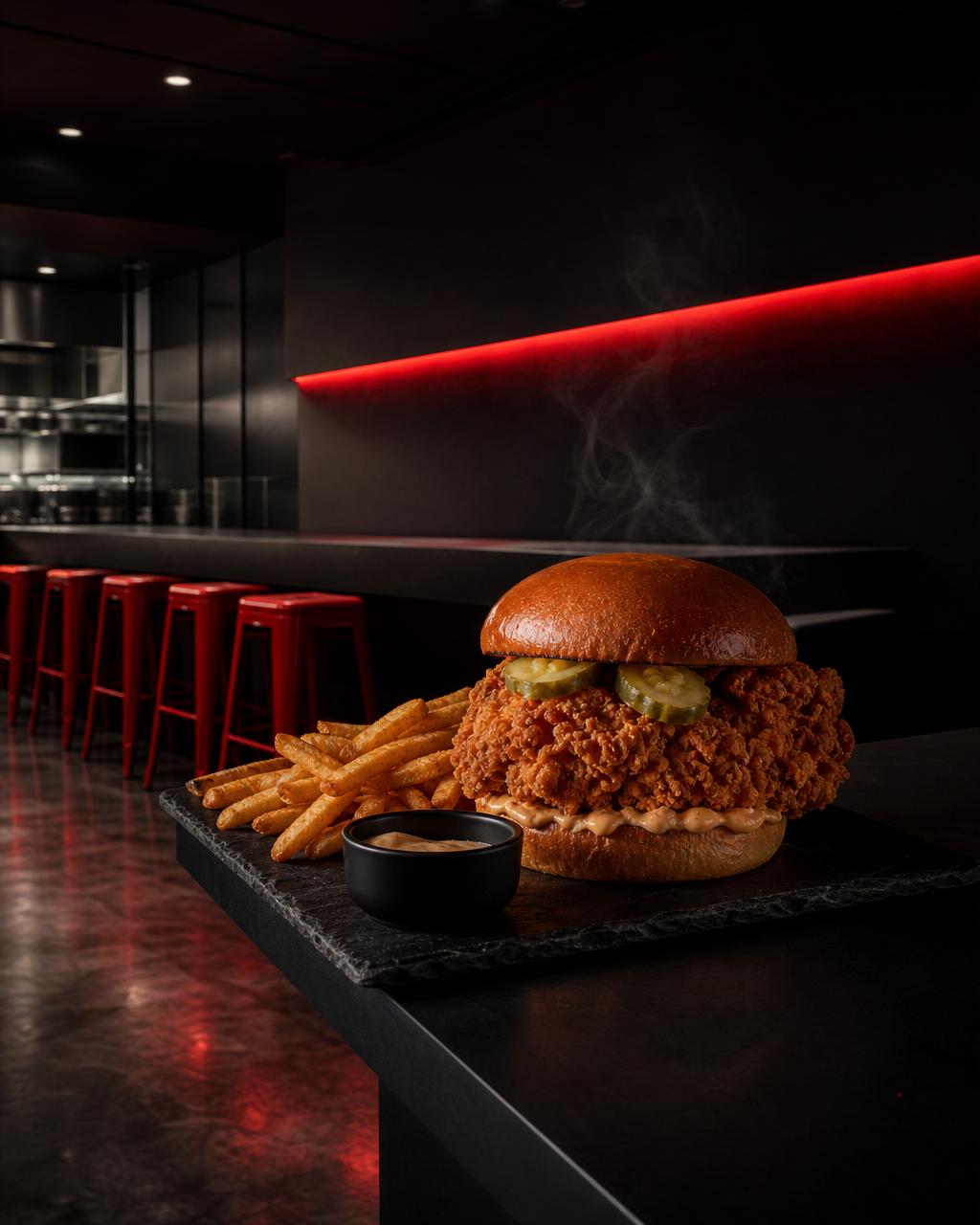 Moody modern Flo restaurant interior with red accent lighting and a plated chicken burger