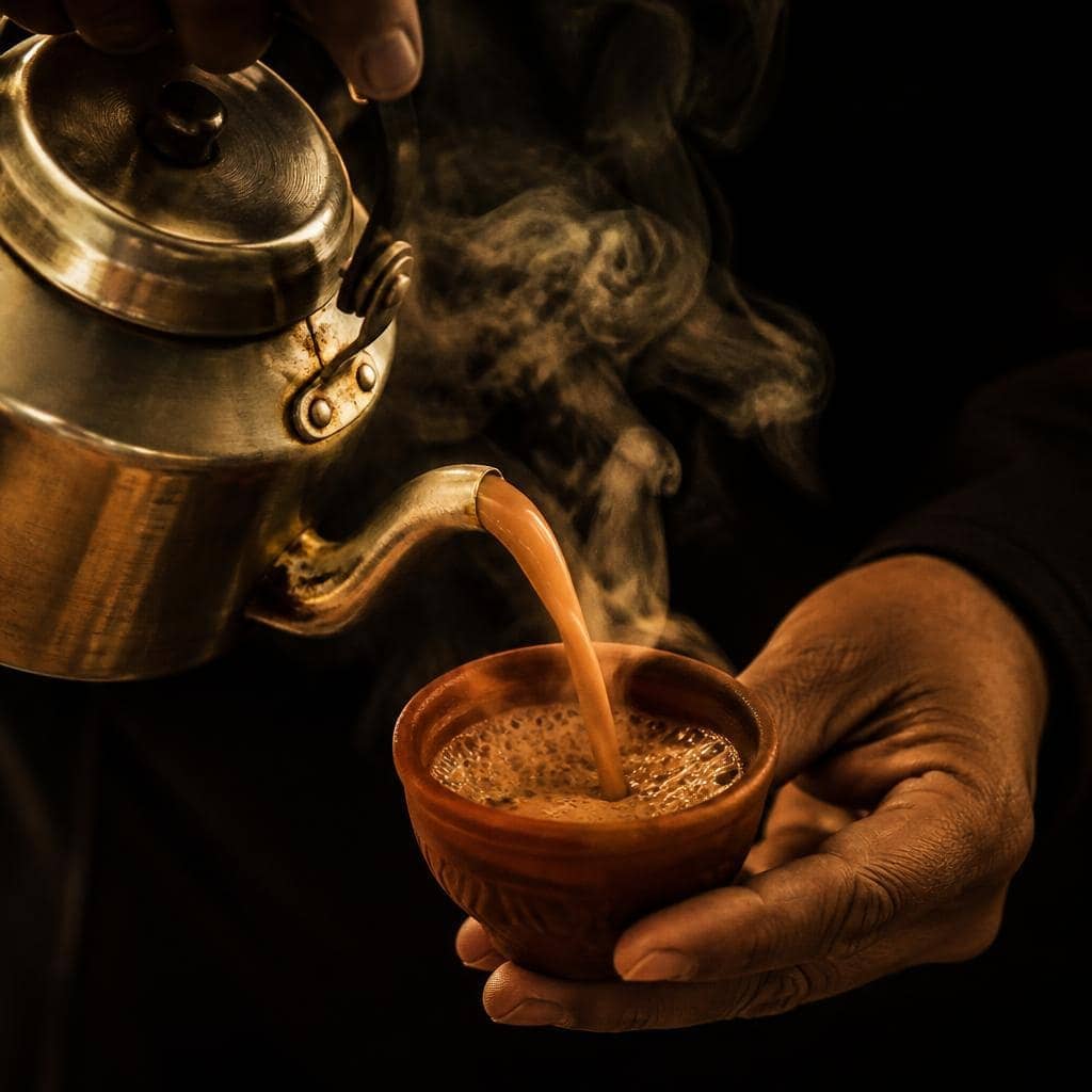 Hot masala chai being poured into a clay cup at Tea Wala