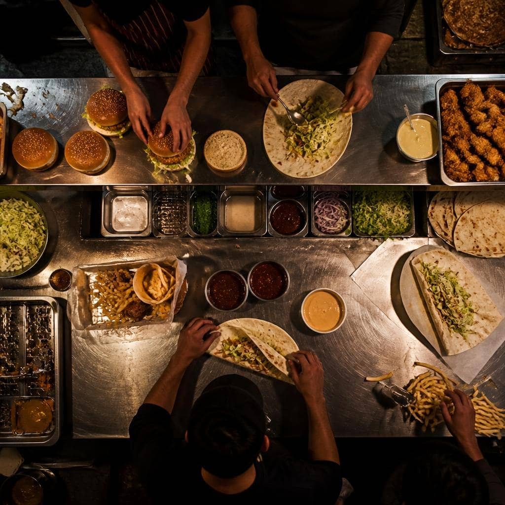 Overhead view of Tea Wala kitchen pass with burgers, fries and wraps being assembled