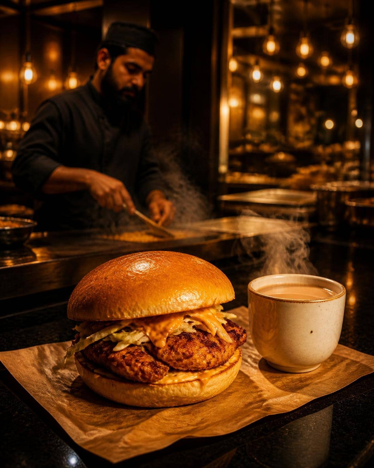 Chef preparing a fresh chicken burger at the Tea Wala counter with hot chai steaming beside it